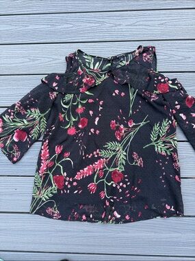 Roz & Ali Black Cold-Shoulder Floral Blouse with Pink and Green Print